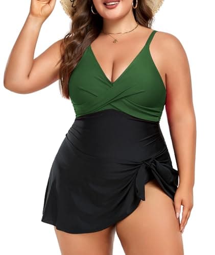 Women Plus Size Swim Dress Tummy Control One Piece Swimsuit Cute Tie Knot