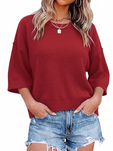 LaGracia Sweater for Women Summer Short Sleeve Oversized Cropped Sweaters Casual Crewneck Lightweight Knit Tops Bright Red 2XL - Image 1