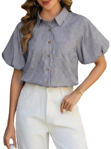 IYICLOTH Women's Striped Button Down Shirts Summer Puff Short Sleeve Tops Relaxed Fit Blouses for Women Dressy Casual,2XL Black - Image 1