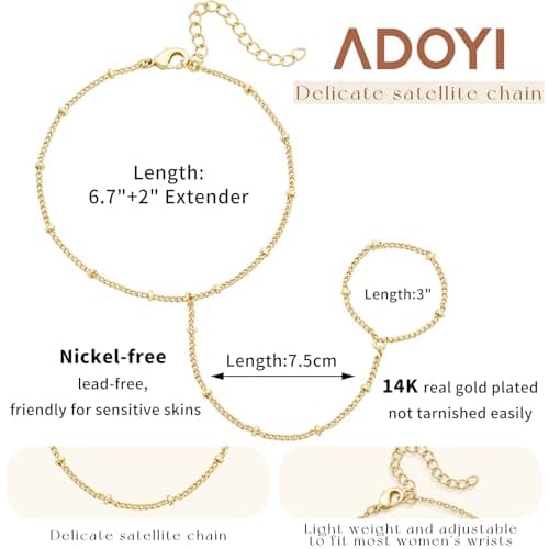 adoyi Gold Bracelets for Women 14K Gold Plated Trendy Hand Chain Bracelet Stackable Ring Bracelet Stack Set Adjustable Hand Chain Link Layered Waterproof Jewelry Sets Gifts for Womens 6.7"+2" - Thumbnail 6