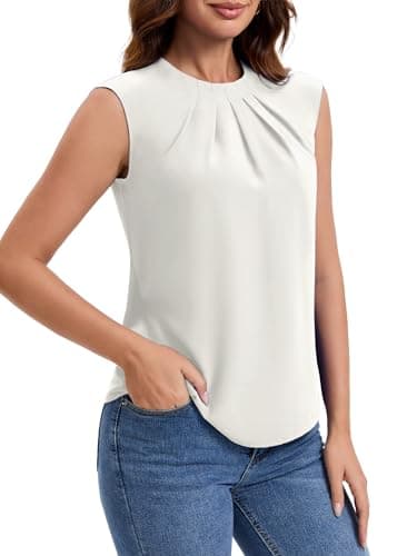 Funlingo Dressy Top for Women Summer Trendy Short Sleeve Blouses Crew Neck Pleated Business Casual Shirts Interview Work Clothes L White - Thumbnail 4