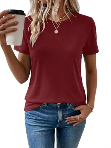Women's T Shirt Cotton T-Shirts Short Sleeve Crewneck Basic Solid Color Tee Loose Fit Shirts Breathable Comfy Summer Tops for Women 2026 Red - Image 1