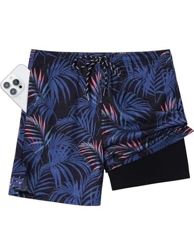 Y YERFONE Mens Swim Trunks with Compression Liner Men Bathing Suit 5 inch Board Shorts Zipper Pockets Drawstring 2 in 1 Quick Dry Stretch Lined Funny Beach Swimming Pool Surf - Image 1