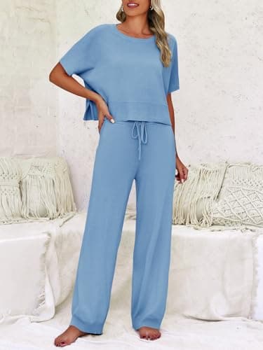 Fisoew Womens 2 Piece Outfits Sweater Sets Knit Split Crop Tops High Waisted Pants Lounge Set - Thumbnail 5