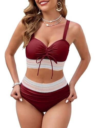 VIAURBE Women High Waisted Bikini Sets Tummy Control Swimsuits Color Block Two Piece Drawstring Bathing Suit Burgundy L - Image 1