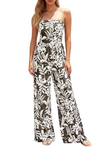 BTFBM Jumpsuits For Women Casual 2026 Floral Strapless Jumpsuit Wide Leg Rompers Beach Vacation Clothes Summer Outfits(Floral Army Green Beige, XX-Large) - Image 1