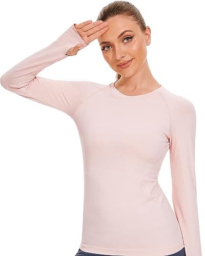 Stelle Womens Seamless Workout Top Yoga Athletic Shirt with Thumb Hole Breathable for Sports Running (Ballet Pink, L) - Thumbnail 4