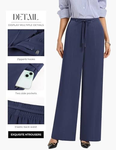 GRACE KARIN Trouser for Women, Wrinkle-Free Elastic Waist Pleated Front Straight Leg Work Palazzo Suit Pants Navy XL - Thumbnail 3