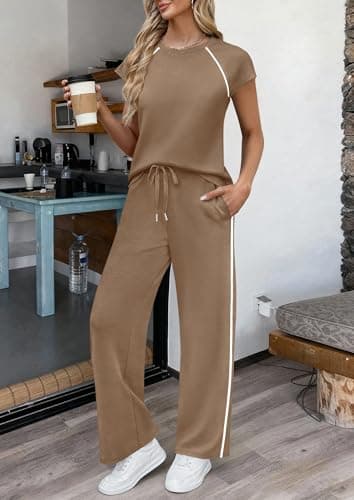 PRETTYGARDEN Two Piece Sets for Women 2026 Summer Vacation Outfits Cap Sleeve Tops Lounge Pants Matching Set Fashion Clothing (Khaki,X-Large) - Thumbnail 6