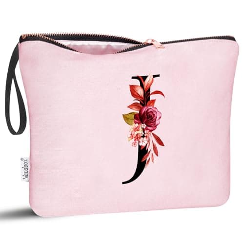 Vavabox A-Z Personalized Makeup Bag, Birthday Gifts for Women Mom, Gifts for Best Friend, Bride Bridesmaid Cosmetic bag (J, Pink) - Image 1