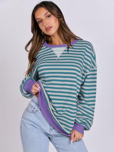 ANRABESS Women’s Striped Oversized Sweatshirts Crew Neck Long Sleeve Shirts Soft Color Block Pullover Top Fashion Clothing Green Grey Large - Thumbnail 3