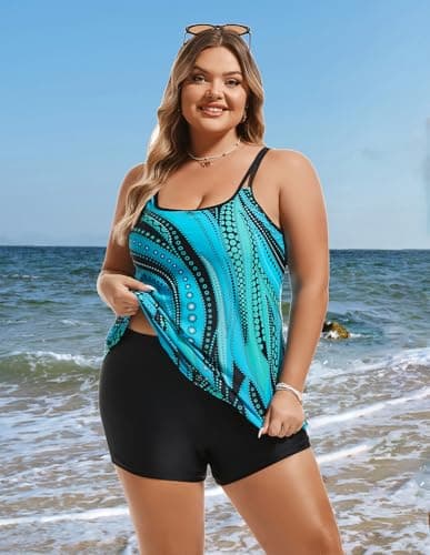 Hanna Nikole Plus Size Swimsuit for Women Push Up Swimming Suits U Neck Padded Swim Top with Shorts Blue Ripples 24W - Thumbnail 5