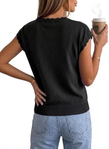 Jenisso Women Summer Sweater Cap Sleeve Lightweight Pullover Soft Knit Top with Scallop Wavy(Black,XL) - Thumbnail 5