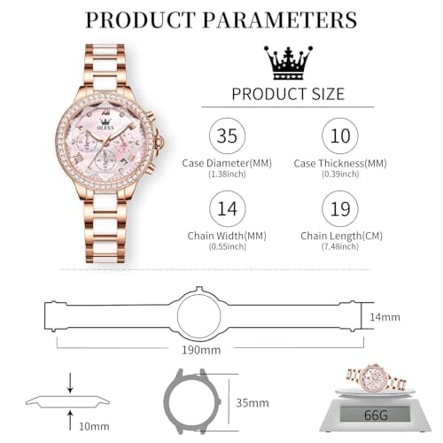 OLEVS Women's Rose Gold Watch Luxury Pink Mother of Pearl Dial Waterproof Ceramic Stainless Steel Bracelet Elegant Ladies Chronograph Watch Quartz Diamond Bezel Fashion Gift Her reloj para Mujer - Thumbnail 6