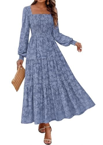 KIRUNDO Wedding Guest Dresses for Women 2026 Fall Long Sleeve Smocked Floral Flowy Spring Baby Shower Maxi Dress Pockets (Dusty Blue, XX-Large) - Image 1