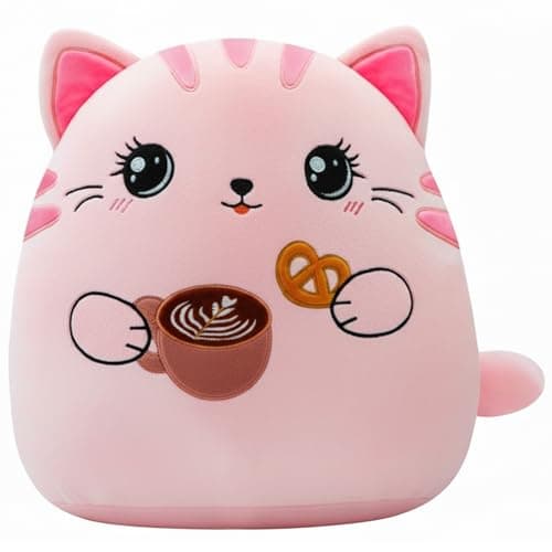 NIUBEHOHO Cat Plush Cushion Body Pillow - 14 Inch Cute Cat Stuffed Animal Cuddle Throw Pillow with Coffee Cookie for Sofa Bed Giant Cat Animal Body Pillow for Adult Kids Animal Plush Cushion