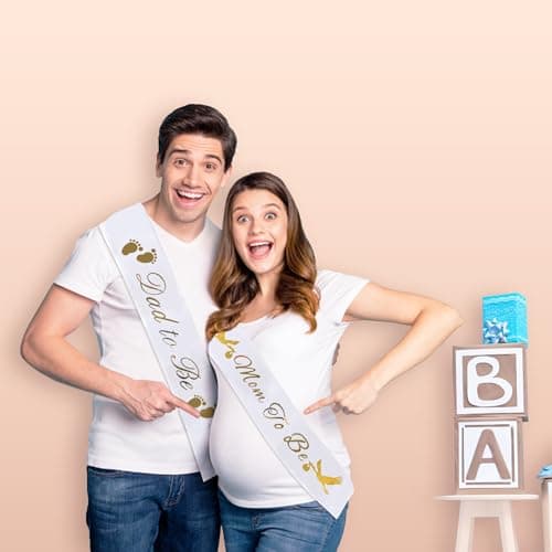 "Mom To Be" & "Dad To Be" Baby Shower Sash Bundle - With Cute Stork Image (White & Gold Lettering) Girl Boy Baby Shower Party Decorations, Gifts, Favors, Mommy Supplies Gender Reveal - Thumbnail 4
