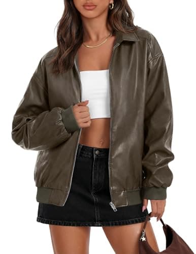 MEROKEETY Women's Winter Spring Oversized Faux Leather Jacket 2026 Fall Zip Up Motorcycle Coats Fashion Outfits Clothes, ArmyGreen, Small - Image 1