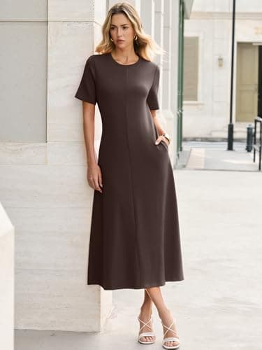 ANRABESS Womens Summer Maxi Dresses Casual Short Sleeve Elegant Classy Vintage 2026 Spring Flowy Cocktail Dress 80s Outfit Brown Small - Thumbnail 5