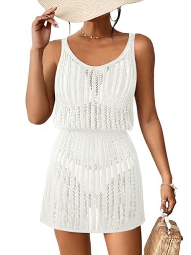 ATHMILE Crochet Dresses for Women Beach Vacation Clothes Bathing Suit Cover Up V Neck Swimsuit Spring Summer Knit Clothes White - Image 1