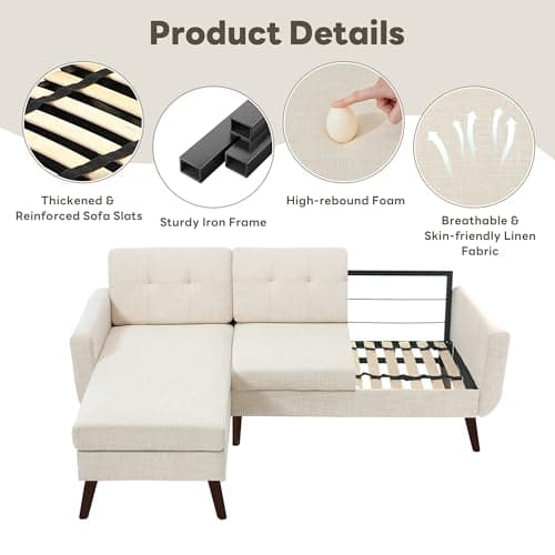 Tbfit L Shaped Couch Sofa, 80" W Mid-Century Modern Sectional Couches, 3 Seater Sofas with Wide Chaise Lounge, Button Tufted Upholstered Sectional Sofa for Living Room, Bedroom, Beige - Thumbnail 6