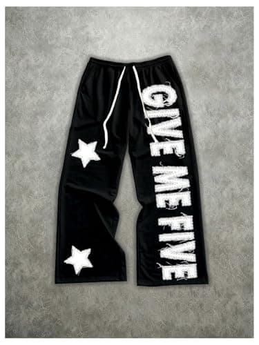VIPWOLF Men's Graphic Stacked Sweatpants Streetwear Gothic Drawstring Flared Sweat Pants Black Star X-Large - Thumbnail 5