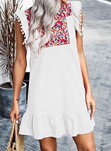KIRUNDO Women's 2026 Summer Mini Dress Spring Casual V Neck Floral Embroidered Ruffle Sleeveless Shift Flowy Boho Dress (B-White, Large) - Thumbnail 4