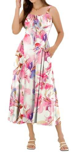 ZAFUL Women Summer Dress Square Neck Floral Midi Dress Corset Flowy A Line Wedding Guest Dresses with Pockets Pink Floral S - Thumbnail 6