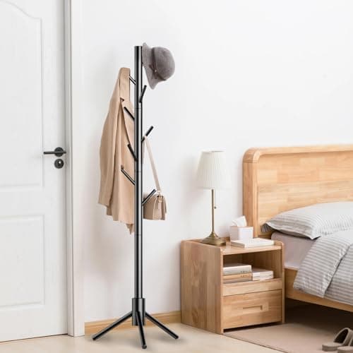 Aliphon Wooden Coat Rack Stand, Freestanding Coat Rack with 8 Hooks, 3 Adjustable Size Coat Tree for Hats, Coats, Scarves bags, Coat Hanger Stand Used in Bedroom/Office/Entryway,2 PCS (Black) - Thumbnail 3