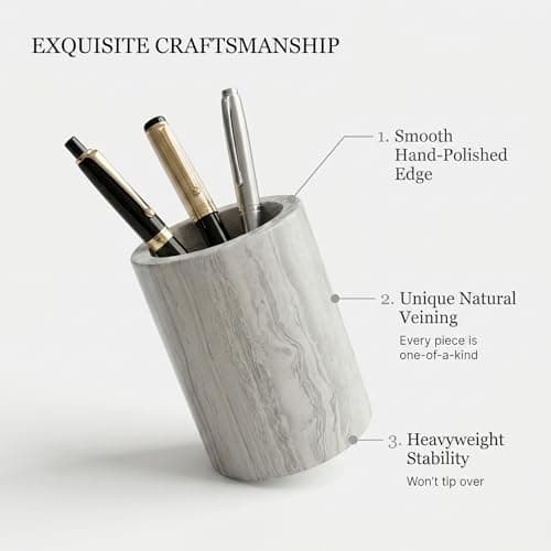 Pencil Holders&Pen Holdersr Stand for Desk Handmade,Unique Natural Marble,Sturdy Holds Stationery and Makeup Brushes Neatly With Anti-slip Base,Ideal Gift for Office and Home Use in Classic Grey - Thumbnail 2