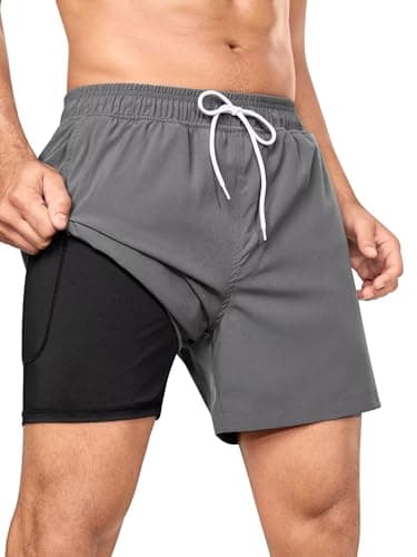 SILKWORLD Mens Swimming Trunks Compression Lined Swim Shorts 2 in 1 Bathing Suits with Zipper Pockets, Dark Grey, X-Large - Image 1