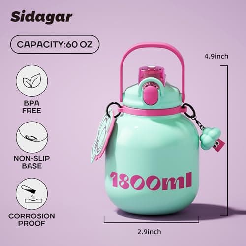 Sidagar 60 oz Big Gallon Water Bottle with Straw and Carry Handle, Green Wide Mouth Vacuum Water Jug, Insulated Stainless Steel Bottles Easy Carry Tumbler for Women - Thumbnail 2