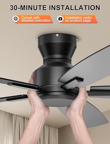 Ohniyou 52 Inch Ceiling Fan No Light, Low Profile Ceiling Fan with Remote and App Control, Flush Mount Ceiling Fan without Light for Bedroom Living Room Covered Patios, Quiet DC Motor, Black - Thumbnail 6