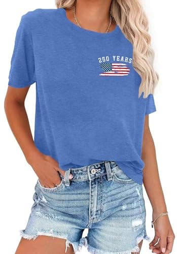 Ithalt 250th Anniversary USA Shirt Womens 4th of July Shirts American Patriotic T Shirts USA Flag Short Sleeve Tops(ABlue2,Small) - Thumbnail 2