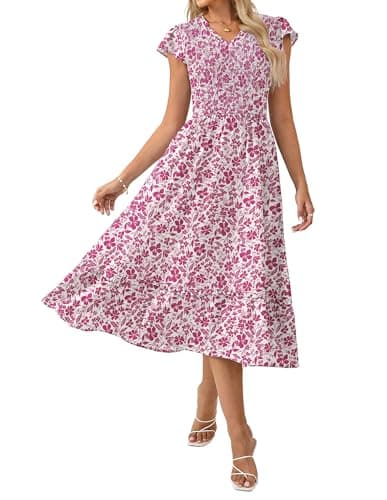 GRACE KARIN Casual Summer Dress for Women 2026 V-Neck Short Sleeve Smocked Midi Dress Rose Red Floral XL - Image 1