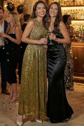 Lesuxa Women's Luxury Gold One Shoulder Sleeveless Elegant Pleated Long Dress,Formal Wedding Guest Dresses for Women Dinners Cocktail Dress (XX-Large,Golden) - Thumbnail 2