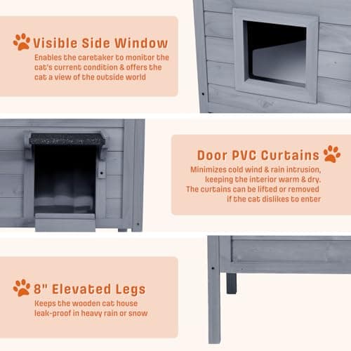 BRIOPAWS Outdoor-Cat-House-Insulated | Feral-Cat-Shelter for Winter | Weatherproof | Large Wooden Pet House for Multiple Cats | Foldable Ladder | Acrylic Side Window | Grey - Thumbnail 6