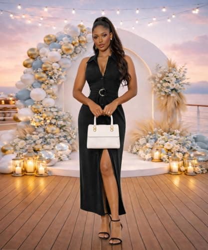 Deep V Neck Button Down Dress for Women Sleeveless Collared High Split Long Shirt Dresses Cocktail Wedding Party Maxi Dress Black L - Thumbnail 5