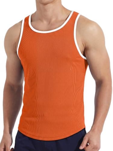 Crastimo Men's Ribbed Racerback Tank Top Stretchy Color Block Trim Slim Fit Sleeveless Shirt Workout Orange S - Image 1