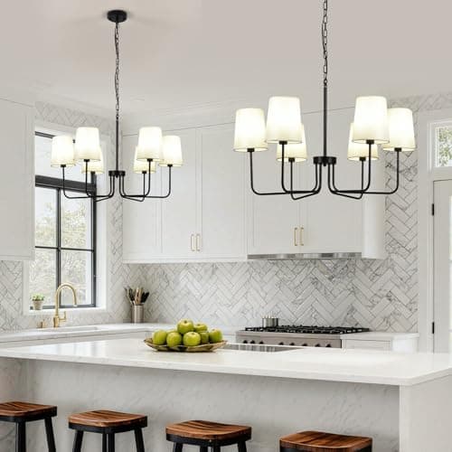 Omgomne Matte Black Farmhouse Chandelier with White Fabric Shades, 29.5” 6-Light Modern Dining Room Light Fixture, Minimalist Rustic Hanging Pendant Lamp for Kitchen Island, Living Room, E12 Base - Thumbnail 6
