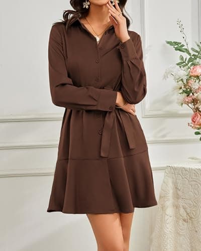 Women Long Sleeve Casual Satin Button Up Down Front Midi Belt Shift Collar Shirt Dress with Pocket Ladies Deep Dark Brown Chocolate Work Office Business Holiday Vocation Ruffle Hem Dresses - Thumbnail 2