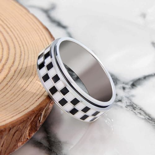 Checkerboard Fidget Ring for Men - 8mm Black and White Checkered Anxiety Spinner Jewelry for Adults, Stainless Steel Roating Ring for Stress Relief, Modern Jewelry Gift for Men Women (Silver, 8) - Thumbnail 5