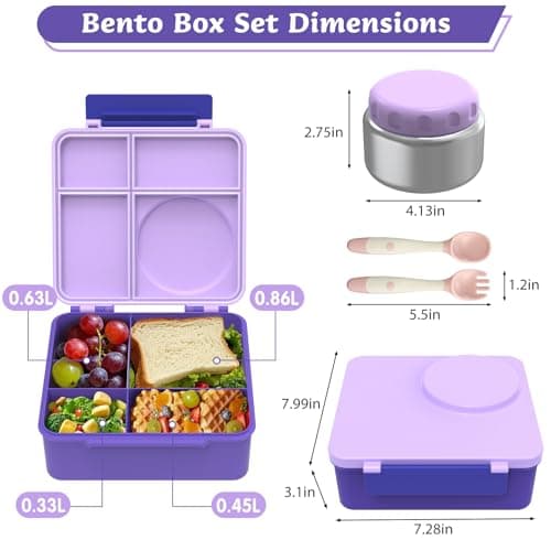 Bento Lunch Box Set for Kids with 8oz Soup Thermo, Leak-Proof Lunch Containers with 4 Compartment, Thermo Hot Insulated Food Jar and Foldable Fork Spoon for Kids to School (Pale Purple) - Thumbnail 2
