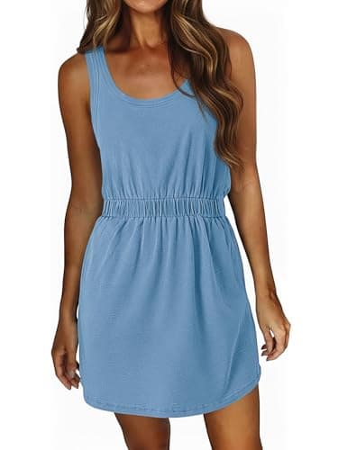 Wenrine Womens Sundresses Summer Mini Dress Casual Sleeveless Elastic Waist Beach Vacation Tank Dresses with Pockets Light Blue - Image 1