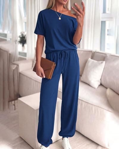 Zenlonr Women Summer 2 Piece Outfits 2026 Off Shoulder Short Sleeve Tops Elastic Waist Drawstring Long Pants Tracksuit(Dark Blue,Small) - Thumbnail 6