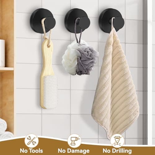 TACGEA Suction Cup Hooks for Shower, Wreath Hangers for Front Doors, Removable Towel Hooks for Bathroom Window Glass, Powerful Vacuum Shower Hook for Towel, Robe, Loofah - 2 Pack, Black - Thumbnail 3