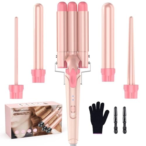 Waver Curling Iron Wand - BESTOPE PRO 5 in 1 Curling Wand Set with 3 Barrel Hair Crimper for Women, Fast Heating Crimper Wand Curler in All Hair Type, Women Gifts - Leather Pink - Image 1