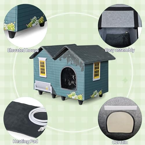 Heated Cat Houses for Indoor/Outdoor Cats with Elevated Heated Cat Bed Providing Safe Feral Cats, Easy to Assemble - Thumbnail 2