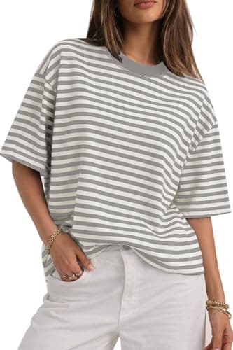 CHYRII Womens Oversized Striped T Shirts Crewneck Short Sleeve Fashion Casual Summer Y2K Tops 2026 Basic Tee (Grey S) - Image 1