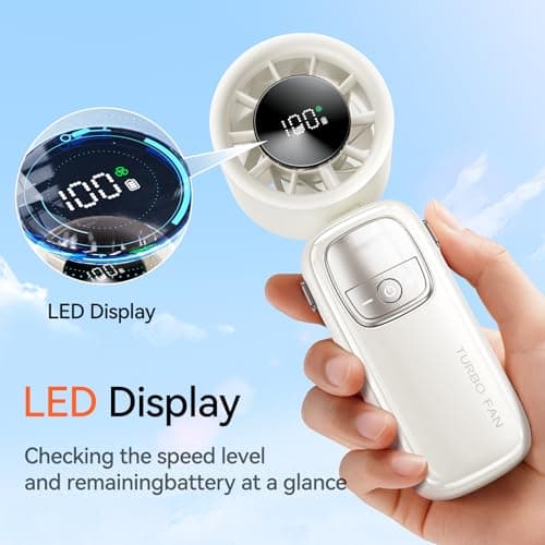 KIMMOO 3-in-1 Portable Handheld Turbo Fan-100 Speeds, 15000 RPM, 10Hrs Cooling, LED Display, 90° Rotation, Travel Fan, Mini Foldable Hand Held Personal Fan for Women Men (white) - Thumbnail 4